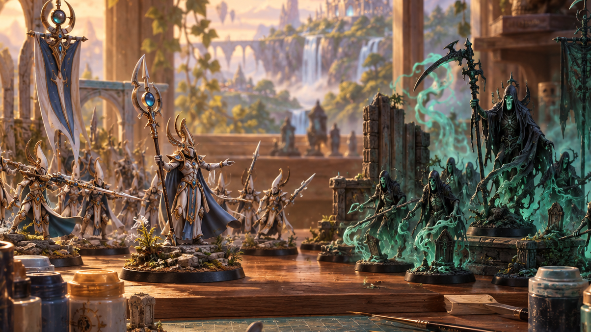 Illustrated miniature painting and tabletop hobby scene