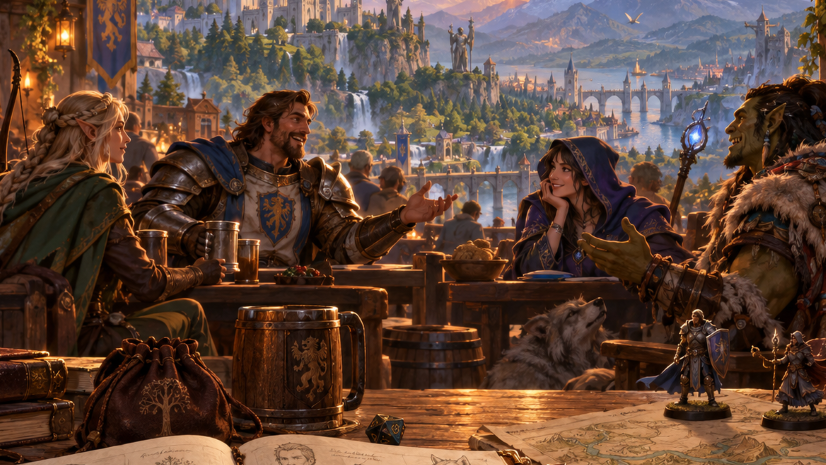 Illustrated fantasy roleplaying character and tabletop dice
