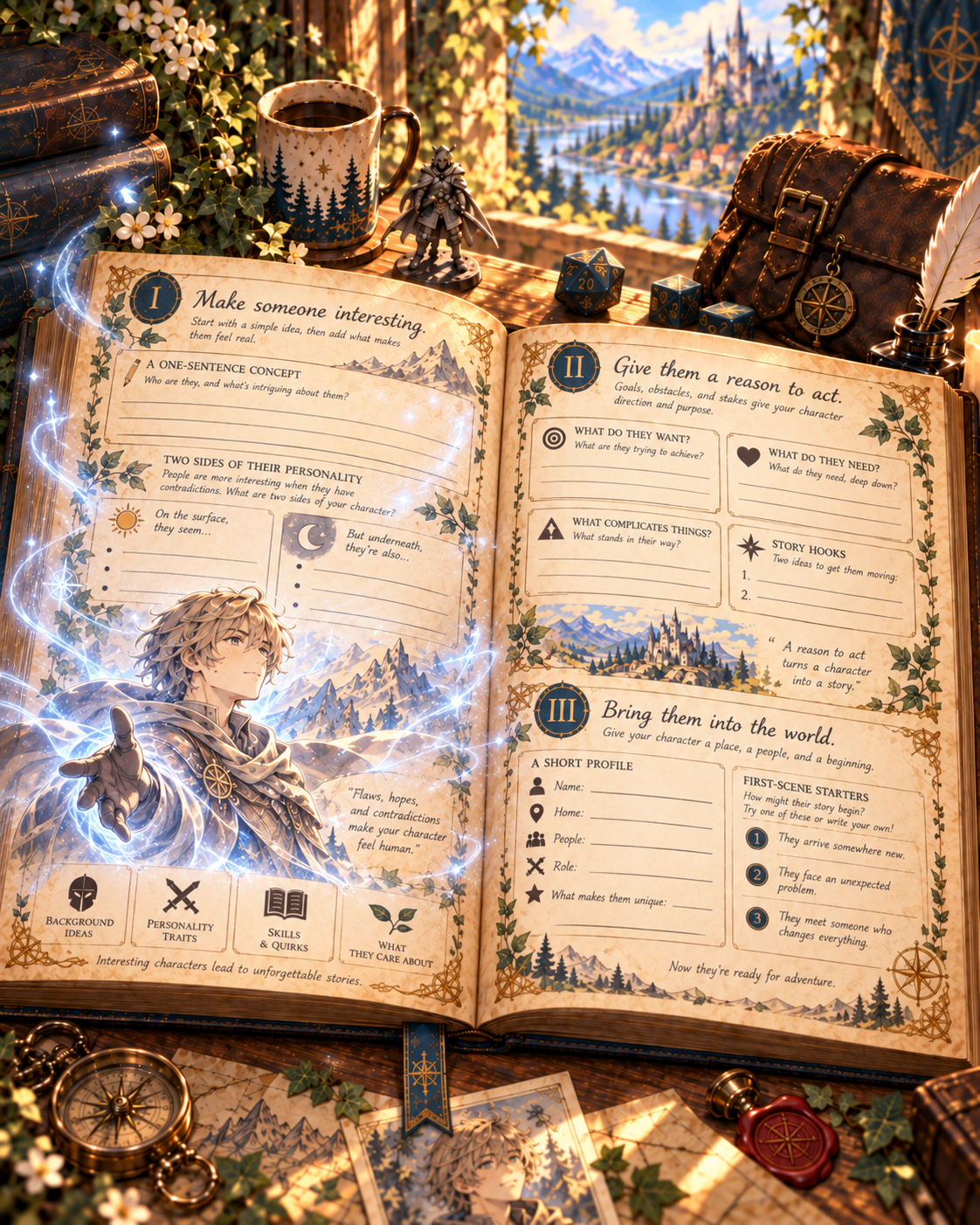 Actual page three preview with a one-page character profile and first-scene guidance