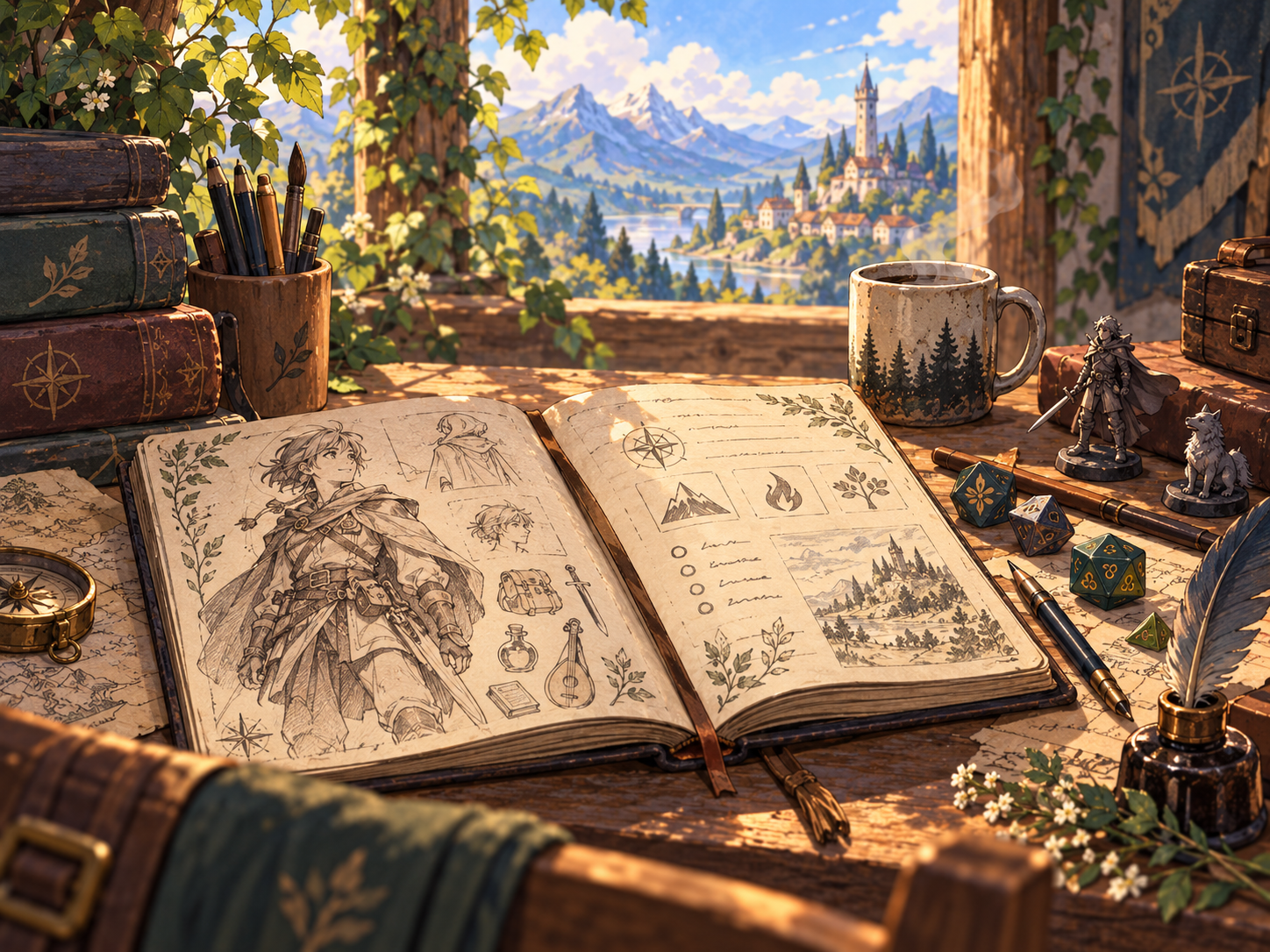 Illustrated character creation worksheet with an original fantasy character and dice